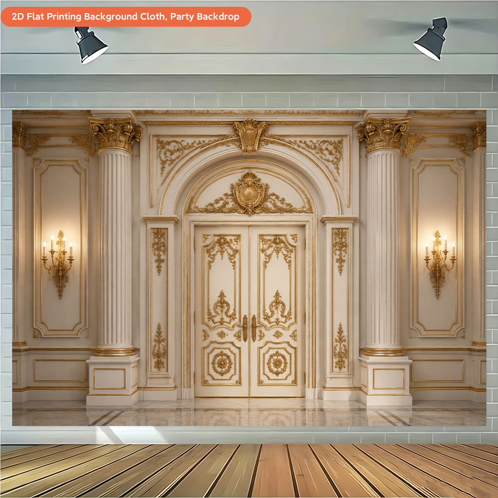 2D Flat Luxurious Palace Golden Door Photography Backdrop